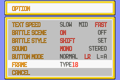 Option menu from Pokemon: Red Fire; with the Frame #18 selected.