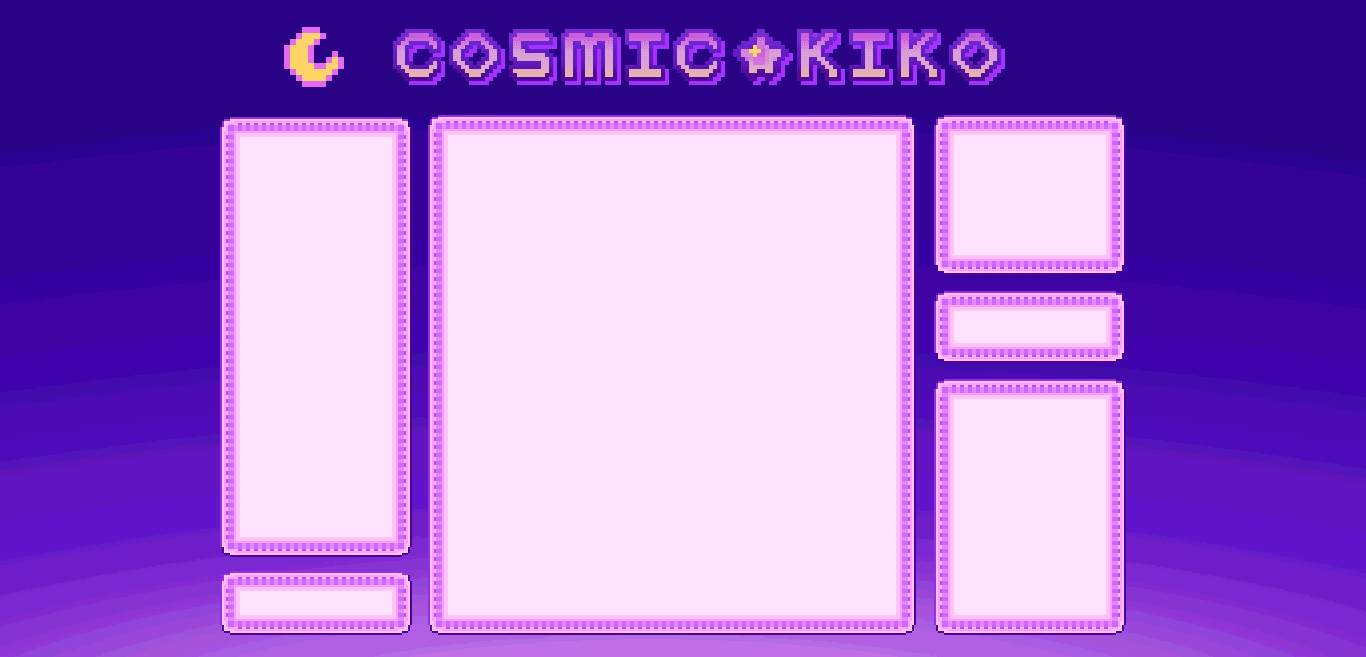 Layout of the current page but without text; image title 'Cosmic-Kiko', light pink boxes with a pixel border and a background of a purplue to lavender gradient.